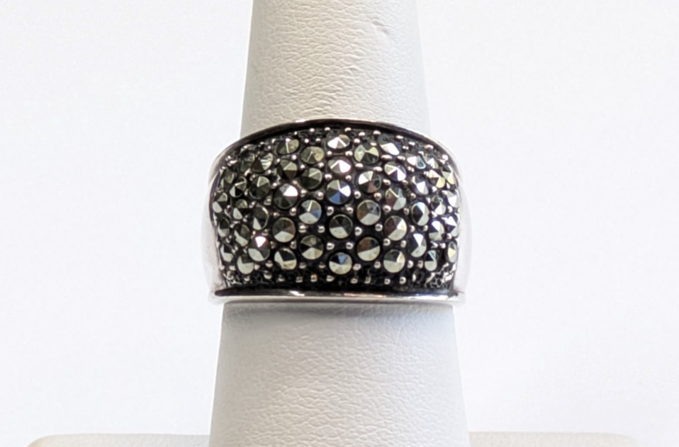 “A” Signed Sterling Silver 925 Pave Marcasite Stone 1/2″ Wide Band Sz 8 Ring