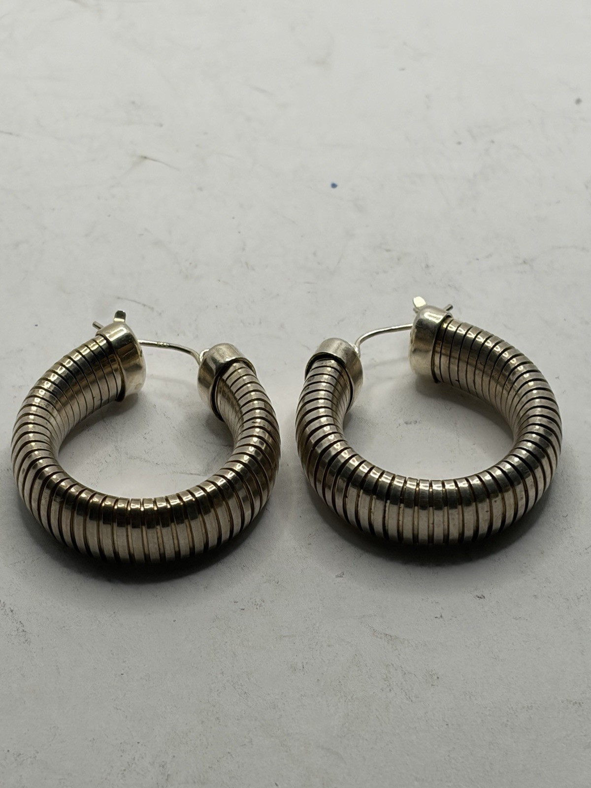 Sterling silver Domed Stretch Omega Dangle/Hoop Earrings, 1”, 925. 15.3 grams