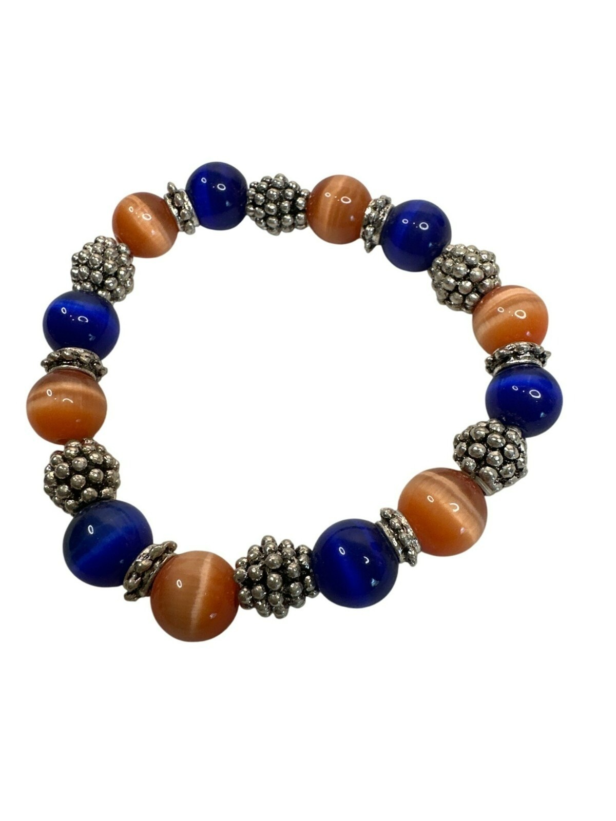 Blue & Orange Beaded Stretch Bracelet Silver-Tone Accents Boho Iridescent