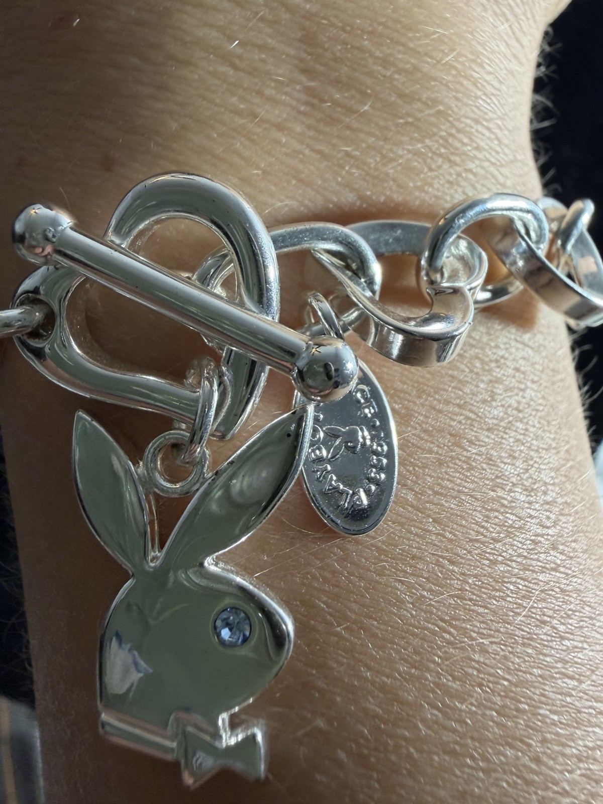 Playboy Silver Tone Charm Bracelet Bunny Dangle Blue Crystal Toggle 8″