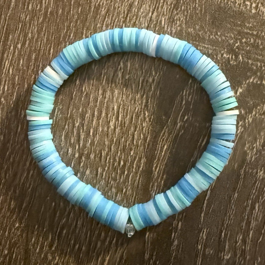 Blue & White Round Beaded Stretch Slip-On Bracelet, Plastic, homemade