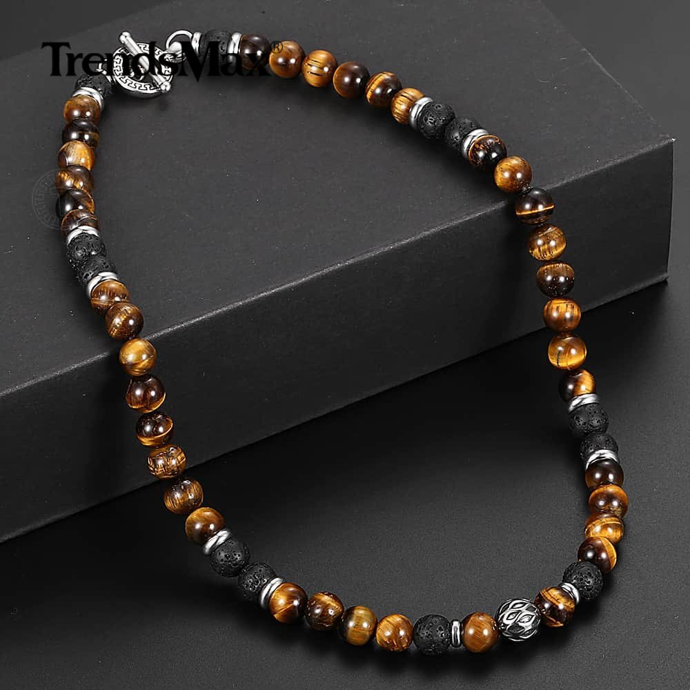 8mm Natural Tiger’s Eye Jasper Lava Beads Choker Necklace Men Women Gift 18inch