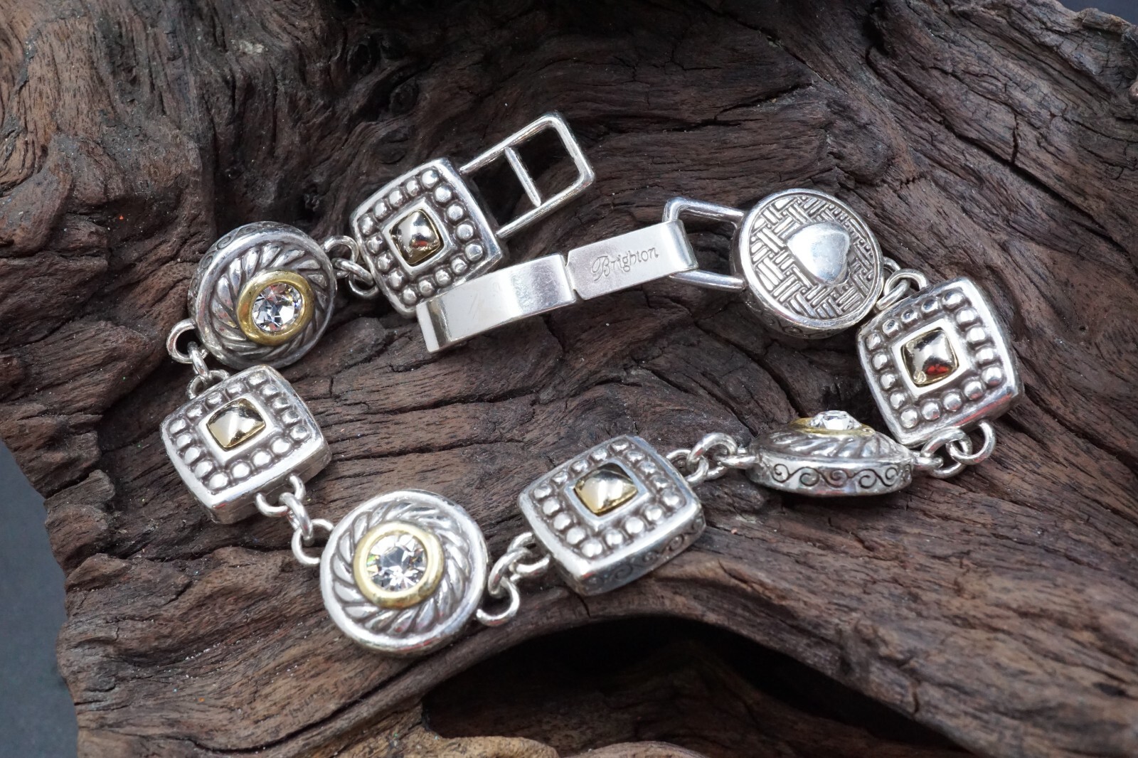 Brighton HEIRESS CRYSTAL LINK Round Square Two Tone Bracelet Fit a 6 1/2” Wrist