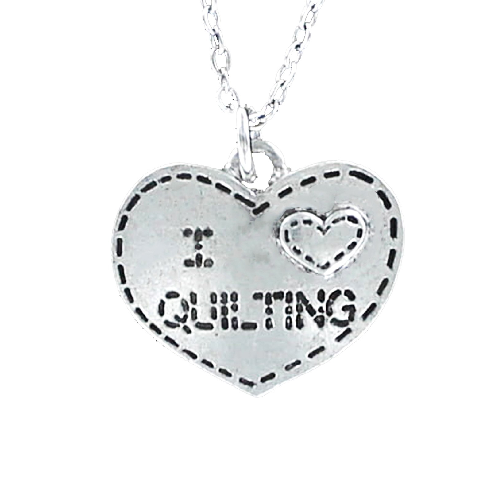 I LOVE QUILTING Heart Necklace Pewter Charm on Cable Chain Sew Sewing Hobby Gift