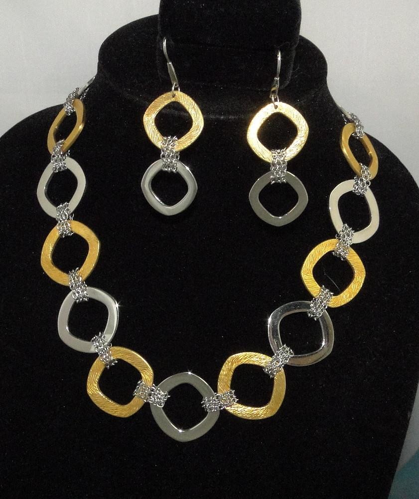 Steel by Design Gold Silver BRUSHED CUSHION Circle Link 22 Necklace EARRINGS LOT
