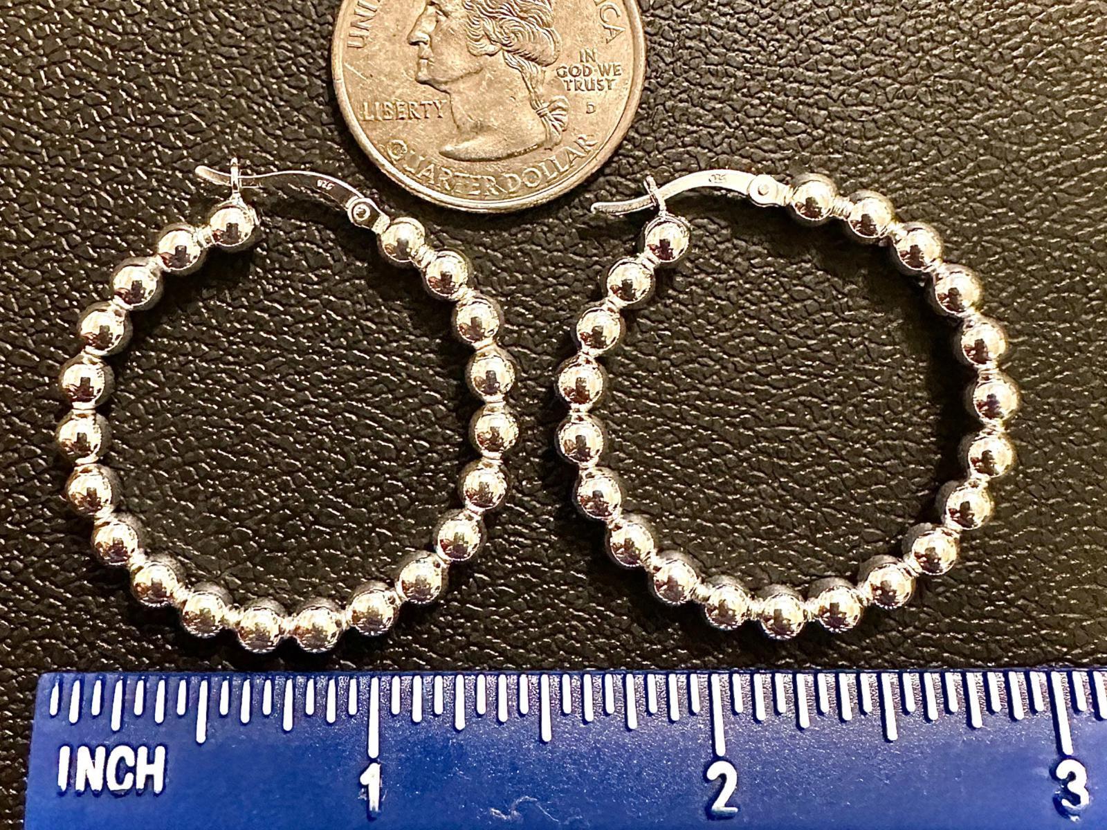 925 Sterling Silver Hoop Earrings 35mm Beaded Ball Hoops Women
