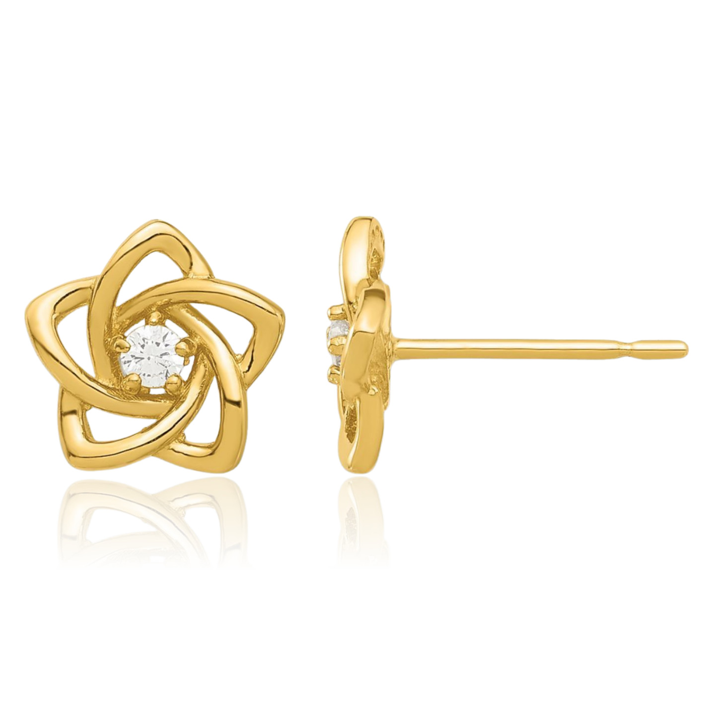 14K Solid Yellow Gold Cubic Zirconia Large Flower Stud Earrings 8.3mm 3/8 inch
