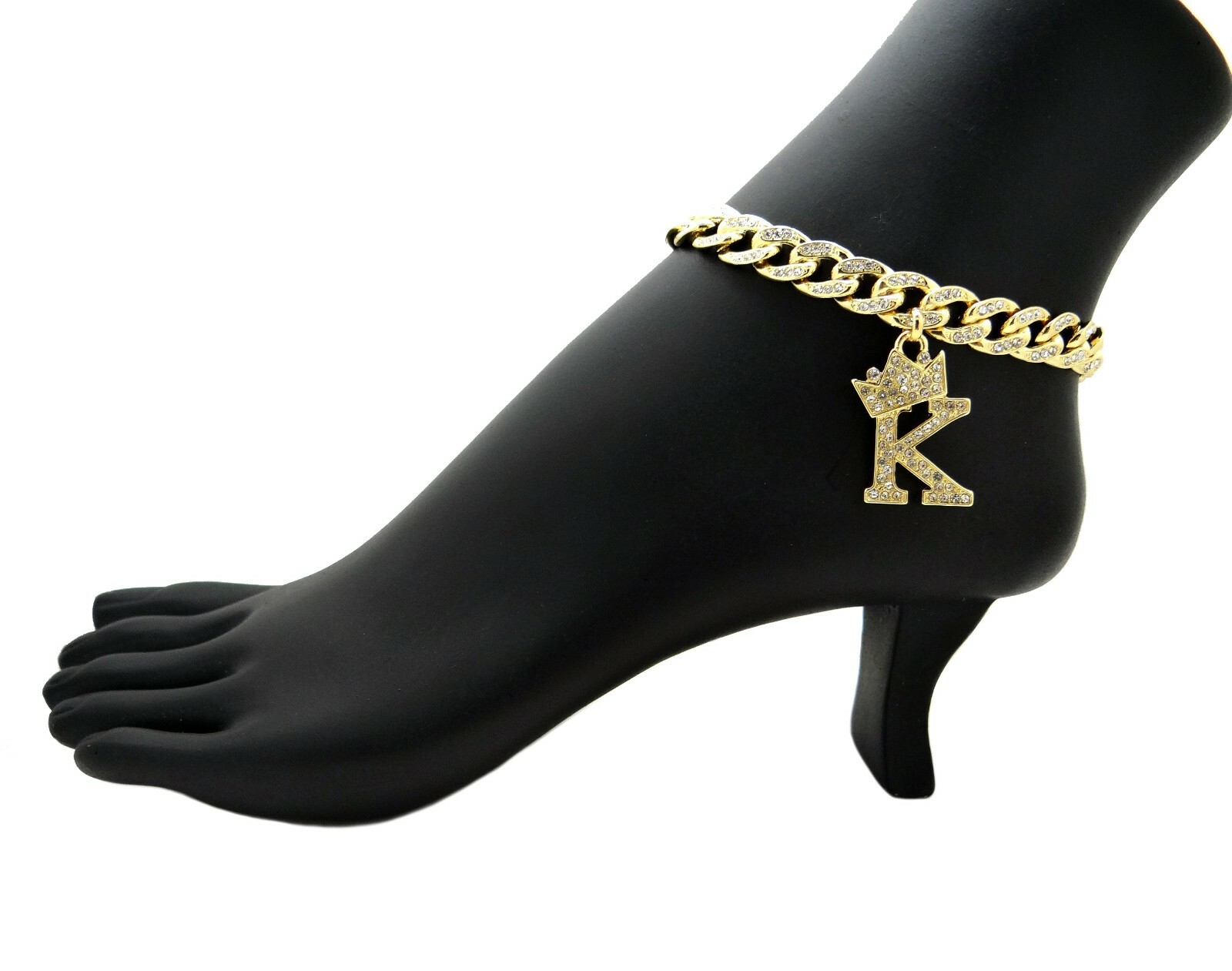WOMEN 10mm 10″ ICED MIAMI CUBAN BLING CHAIN BOX LOCK INITIAL K BRACELET ANKLET