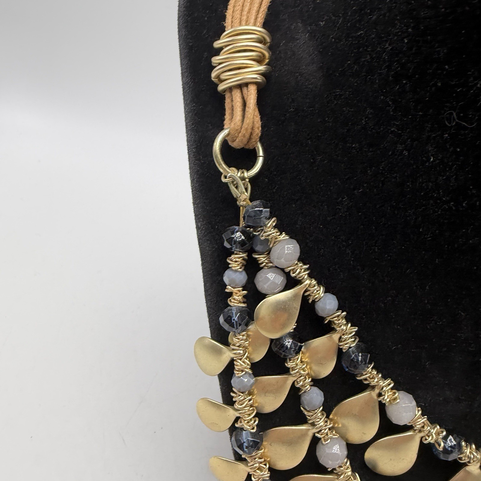 Statement Necklace Gold Tone Disc Brown Cord Gray Bead St Thomas Career Office