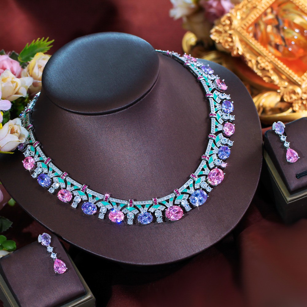 Silver Plated CZ Purple Pink Oval Shaped Wedding Necklace Earrings Jewelry Set