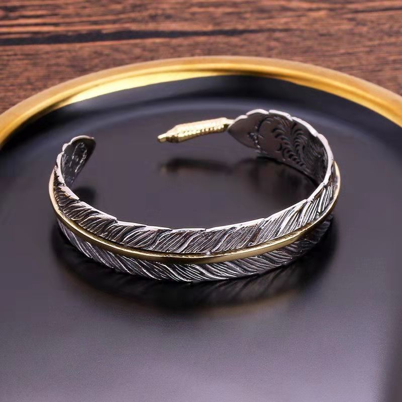 Men’s Retro Silver Feather Adjustable Bangle Cuff Bracelet Fashion Jewelry Gift