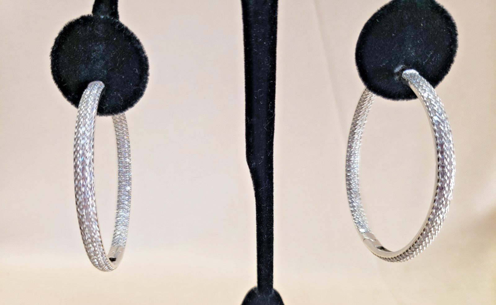 Sterling Silver Pave CZ Large Hoop Earrings Hinged Push Button