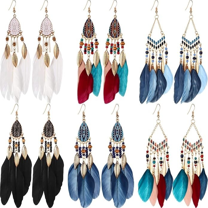 6 Pairs Women Faux Feather Bohemian Fringe Tassel Long Drop Earrings Set
