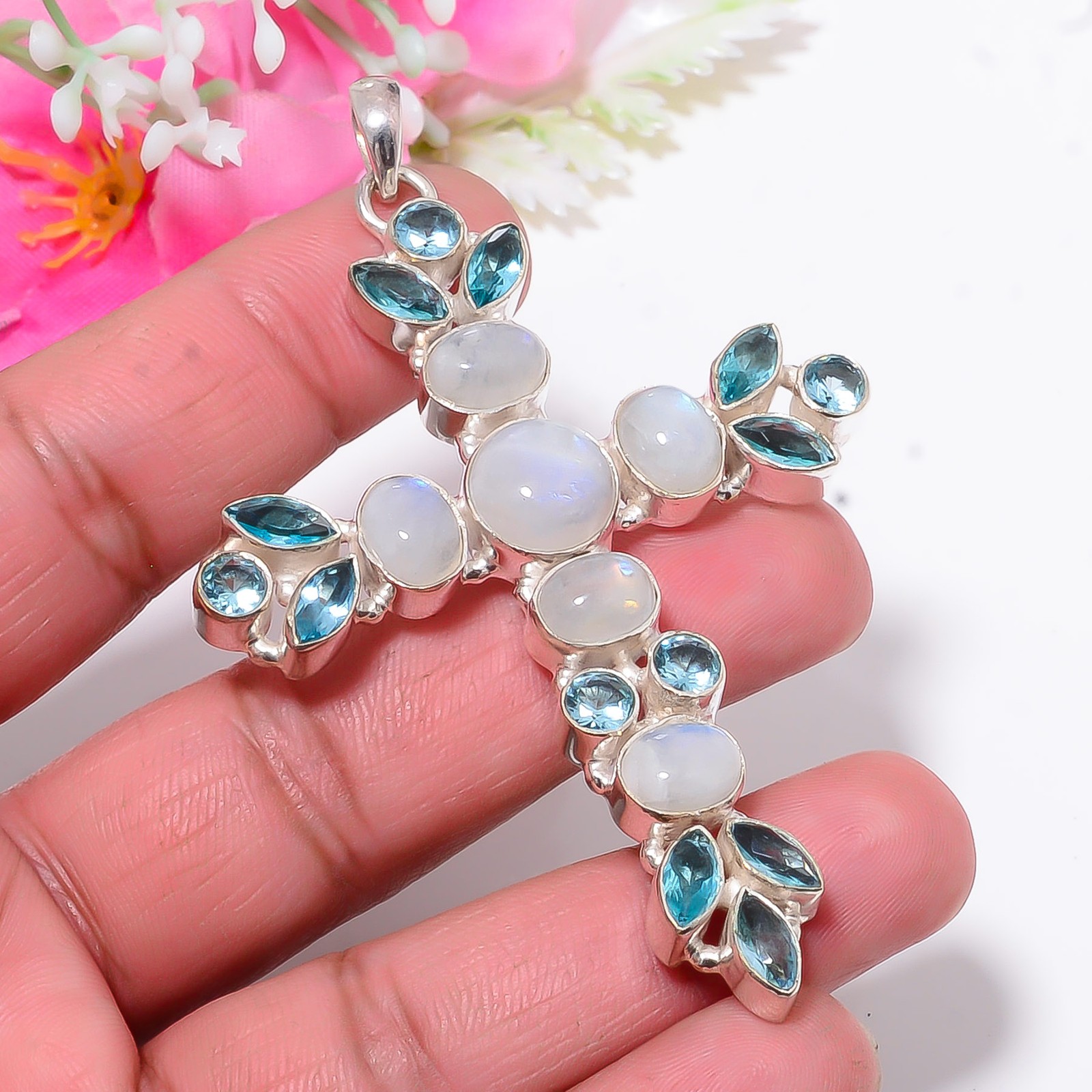 Rainbow Moonstone & Blue Topaz 925 Sterling Silver Holy Cross Pendant 3.12″ P28