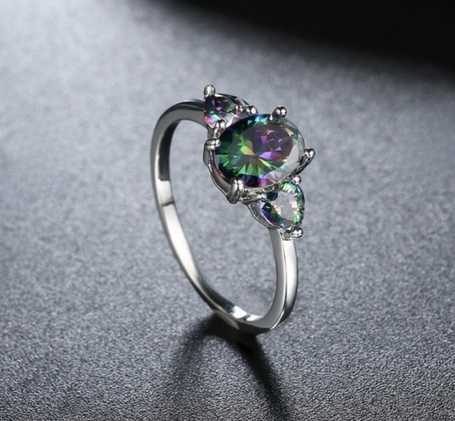 Exquisite Rainbow Mystic Topaz with Two Rainbow Mystic Topaz Hearts Ring Size 10