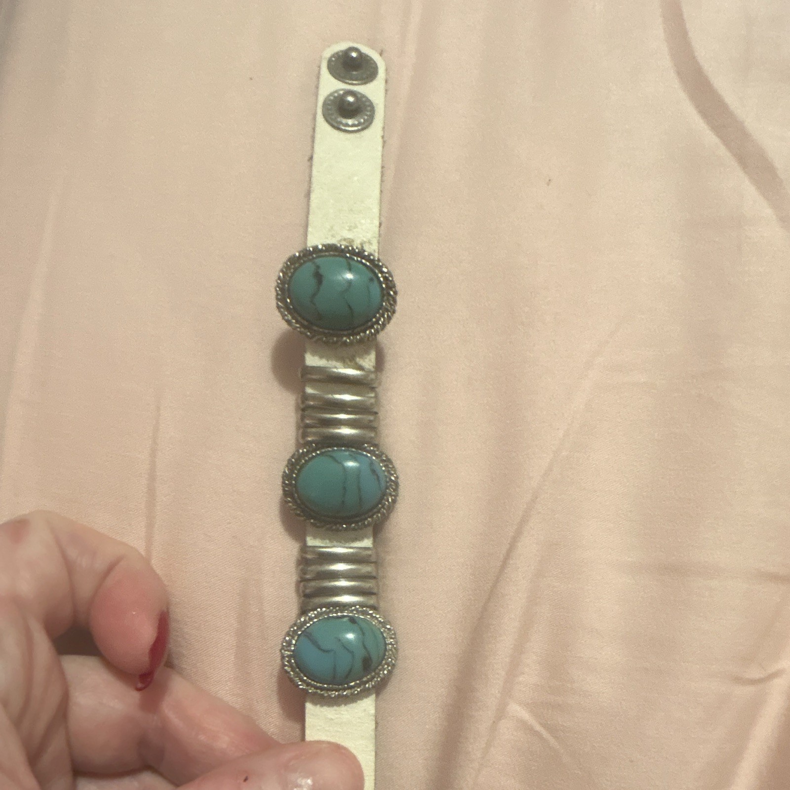 Turquoise 3 Oval Stone Leather Snap Cuff Bracelet, Silver Tone, Bohemian