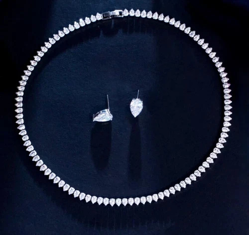 18k White Gold Plated Tennis Necklace Earrings Set Made Simulated Diamond Gift
