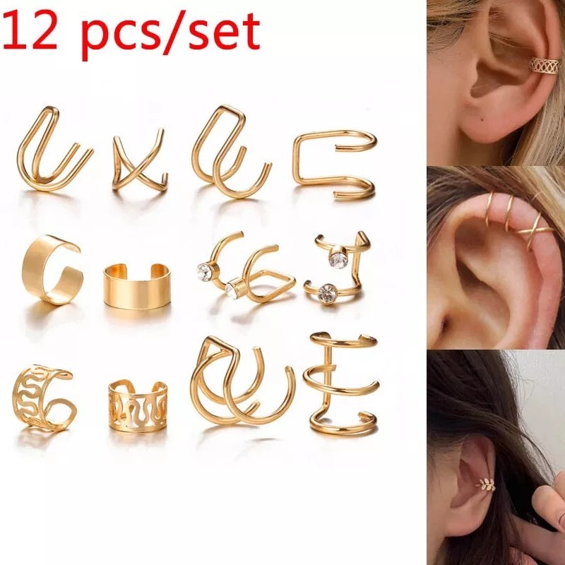 12 pcs/set Ear Cuff Women Cartilage Earrings Non-Piercing Ear Clips Crystal Clip