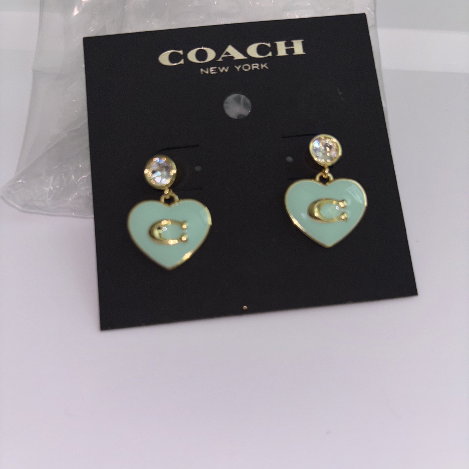 Coach Heart Drop Earrings Light Green Enamel Gold C Logo NWT on Card