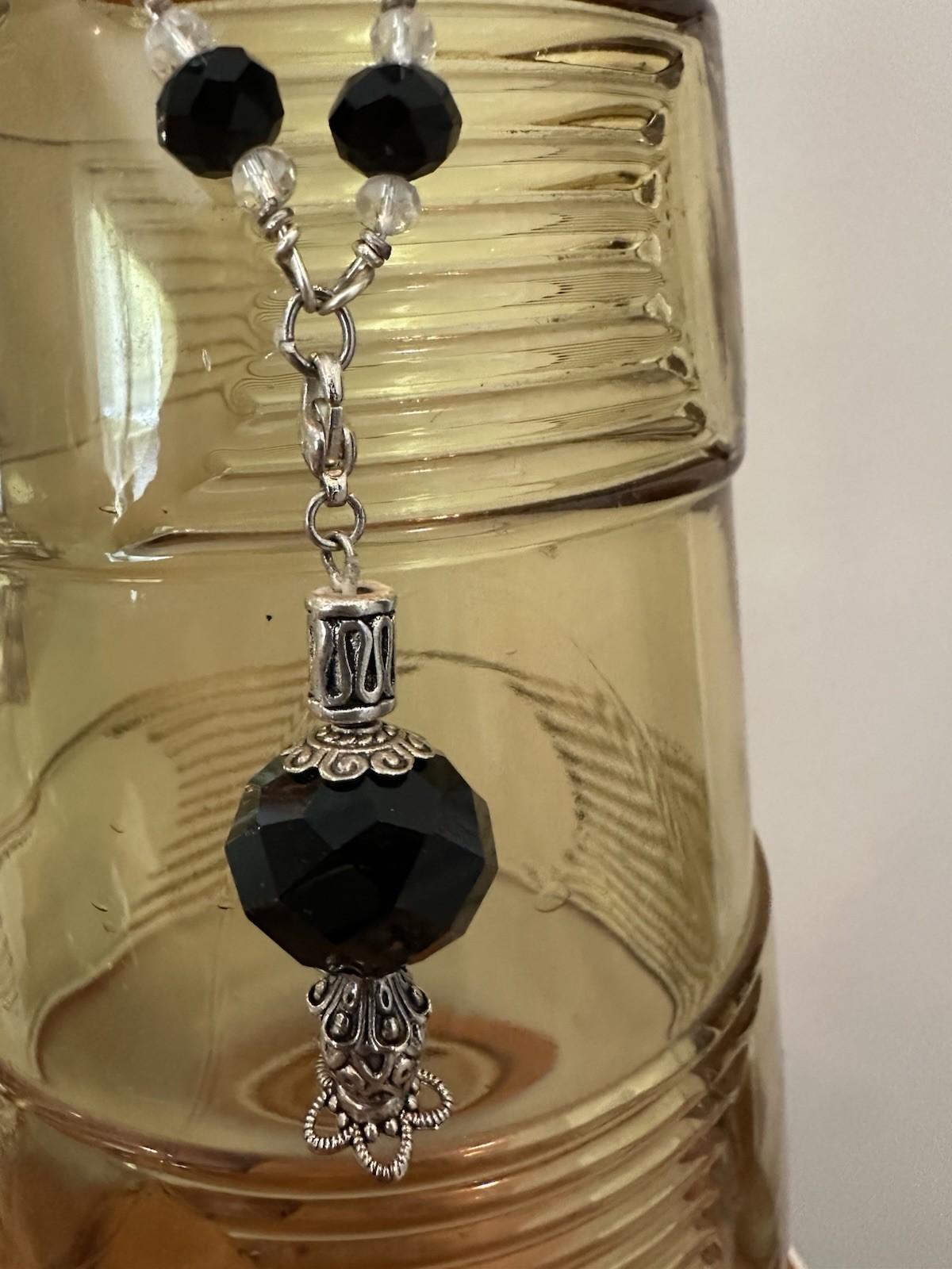 AB Crystal Necklace Pendant Clear & Black Faceted Glass Beads Silver Tone