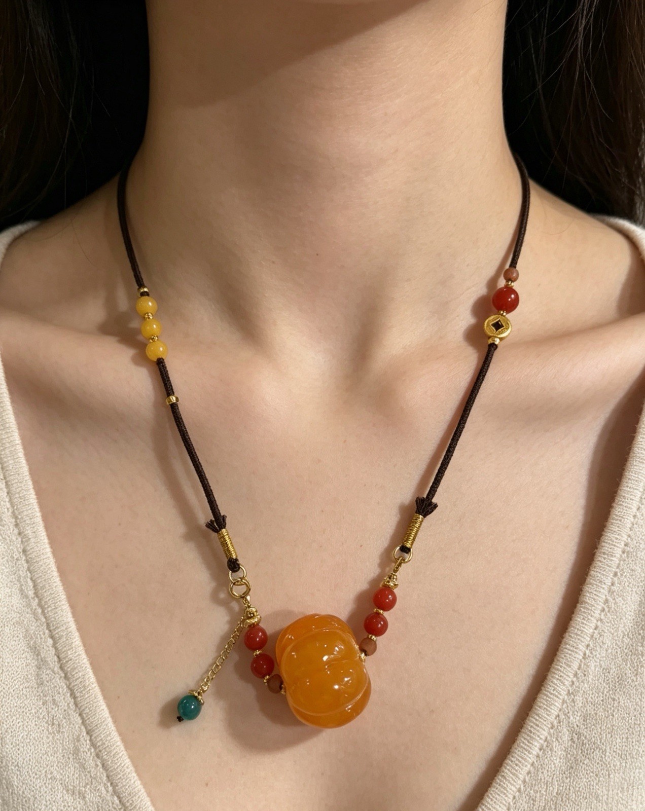 Orange Carved Round Charm Pendant Beaded Necklace, Cord Chain, Multi Color