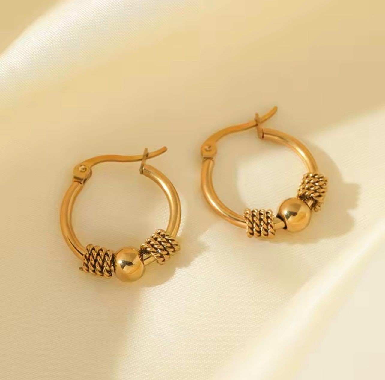 Elegant Gold Hoop Earrings with Twisted Rope and Bead Detail