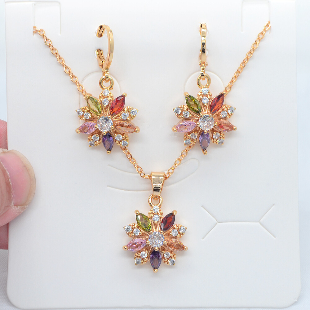 18K Yellow Gold Filled Women Multicolor Mystic Topaz Blossom Flower Jewelry Set