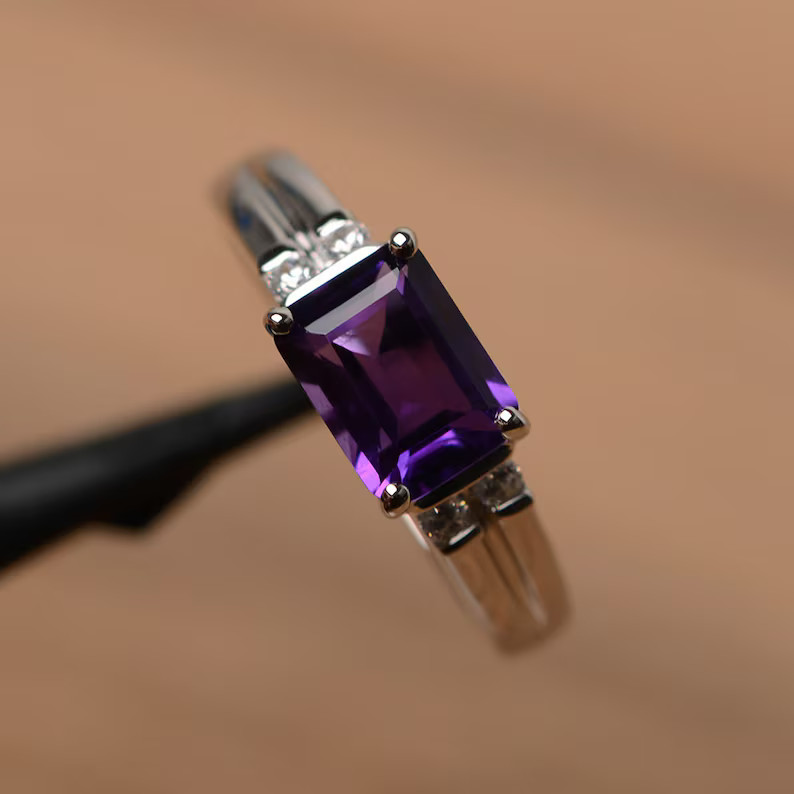 2.58 Ct Emerald Cut Simulated Amethyst 14k White Gold Plated Unique Wedding Ring