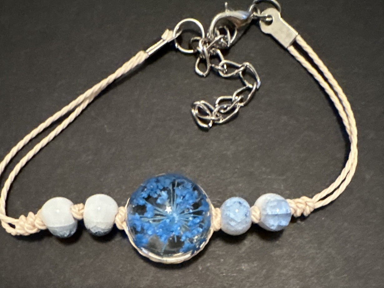 Adjustable Blue Flower & Blue/White crackle bead Charm Bracelet , Lobster clasp