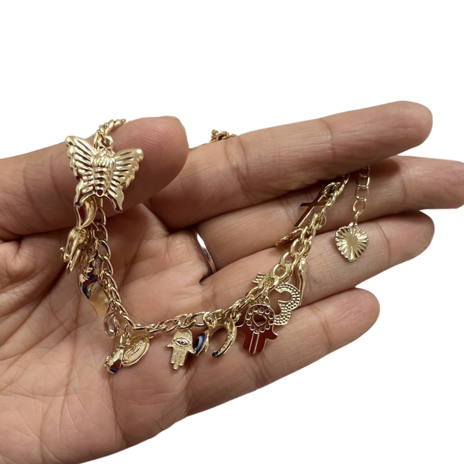Lucky Charm Bracelet 7” Adjustable, Gold Filled Italian Horn,Butterfly,Elephant