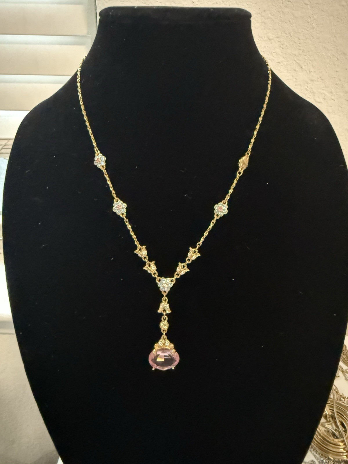 Swarovski Crystal Dangle Drop Y Necklace Pink Glass Oblong Oval Pendant Floral