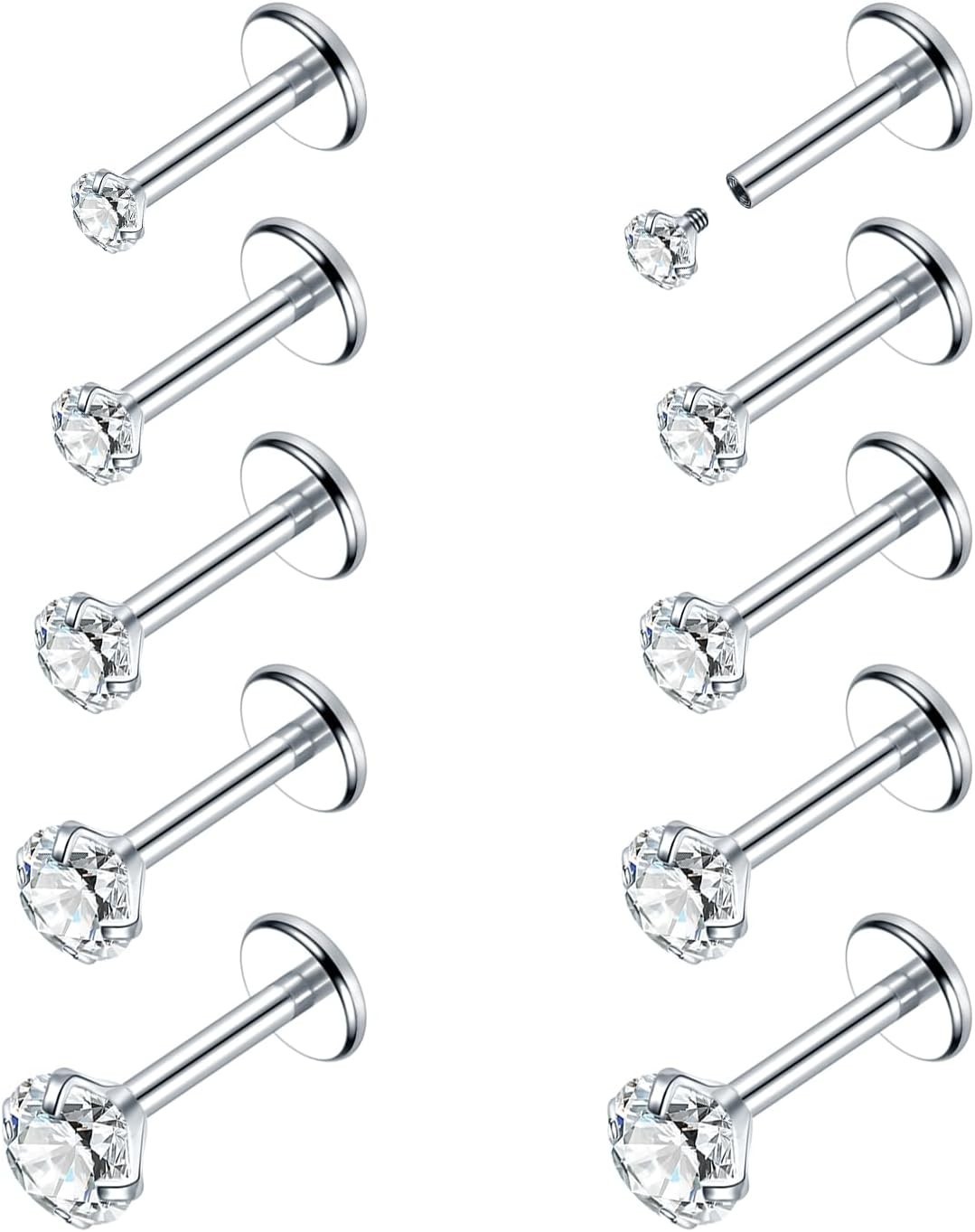 18G 16G Flat Back Stud Earrings 14K Gold Plated Internally Threaded CZ Stud P…