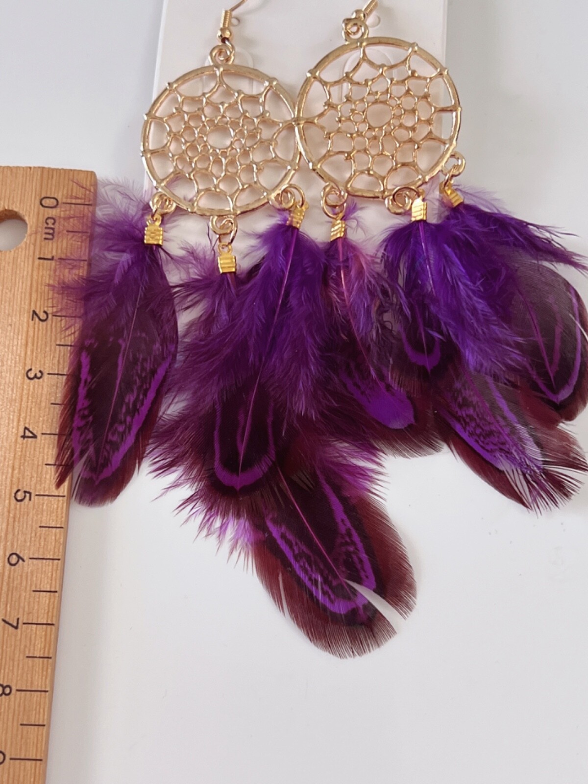 NEW Women Boho Ethnic Dark Purple Feather Dream Catcher Net Dangle Drop Earrings