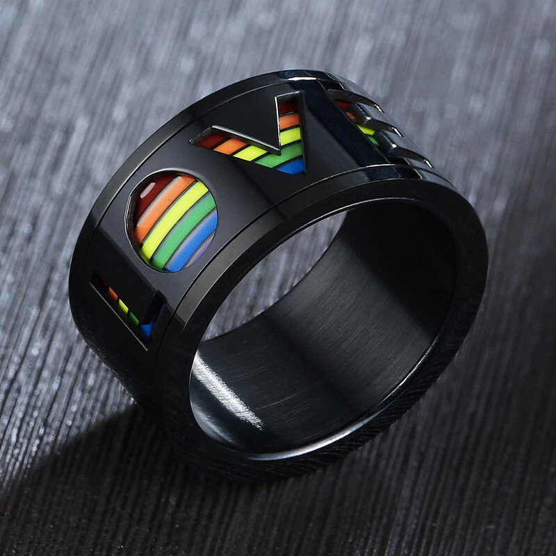 Pride Shack – Black Rainbow LOVE Spinner Ring LGBTQ Lesbian Gay Pride Ring Steel