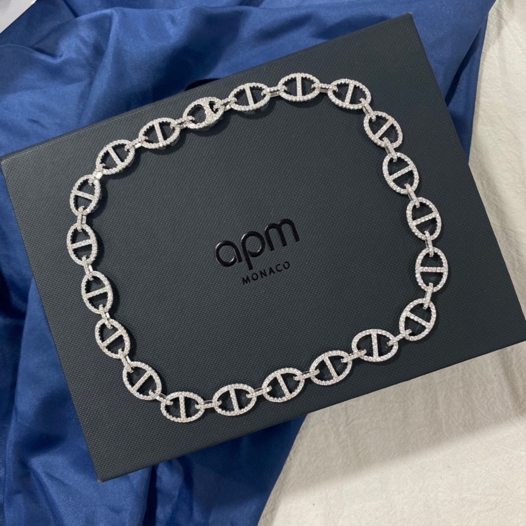 APM Monaco Sterling Silver Pave Crystal Link Chain Necklace Luxury Statement