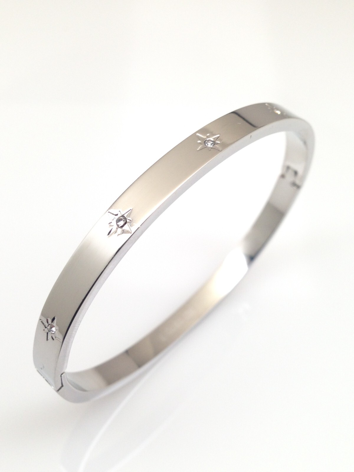 Stainless Steel CZ North Star Station Bangle Bracelet 6.75″ 5mm