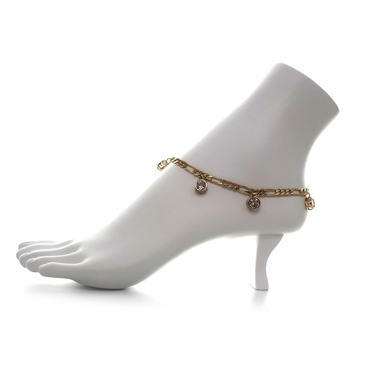 Italian Figaro Link Chain Anklet Cubic Zirconia Ankle Bracelet 14k Gold Plated