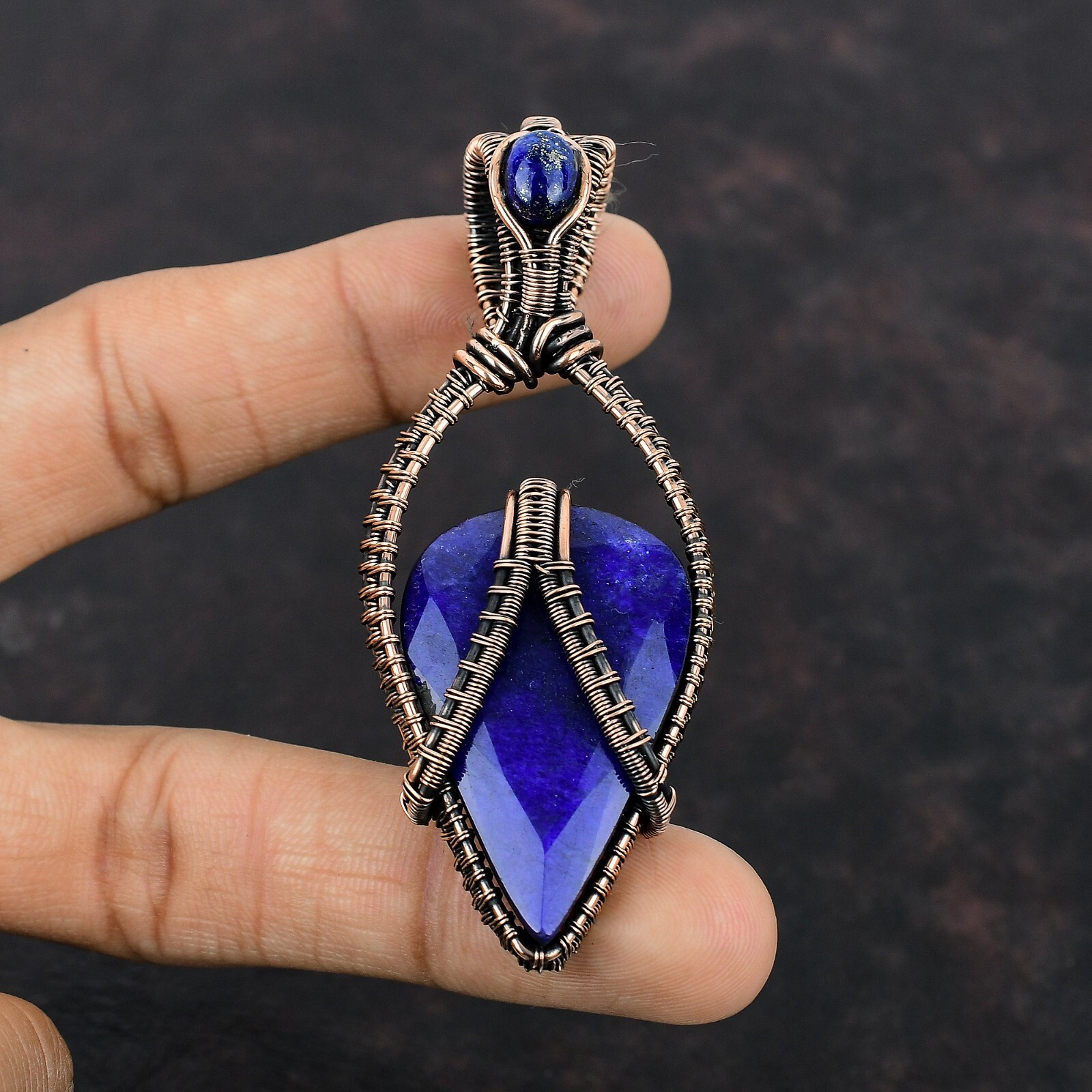 Women’s Day Sale Blue Saphire Copper Gift For Friend Wire Wrapped Pendant 3.15″