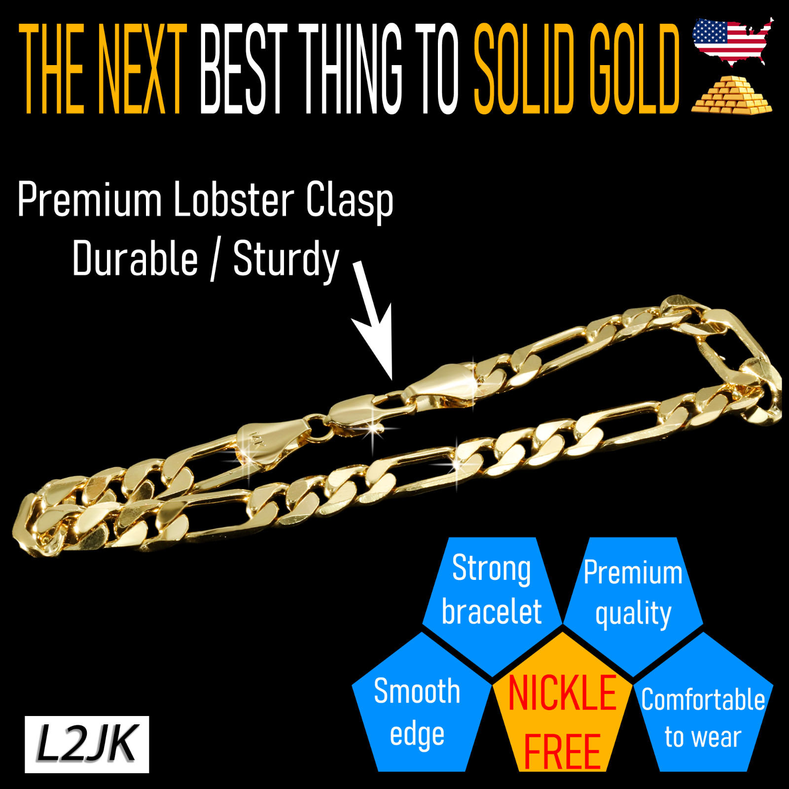 Figaro Link Chain Bracelet 10mm 8.5″ 14K Gold Plated Hip Hop Men’s Solid Fashion