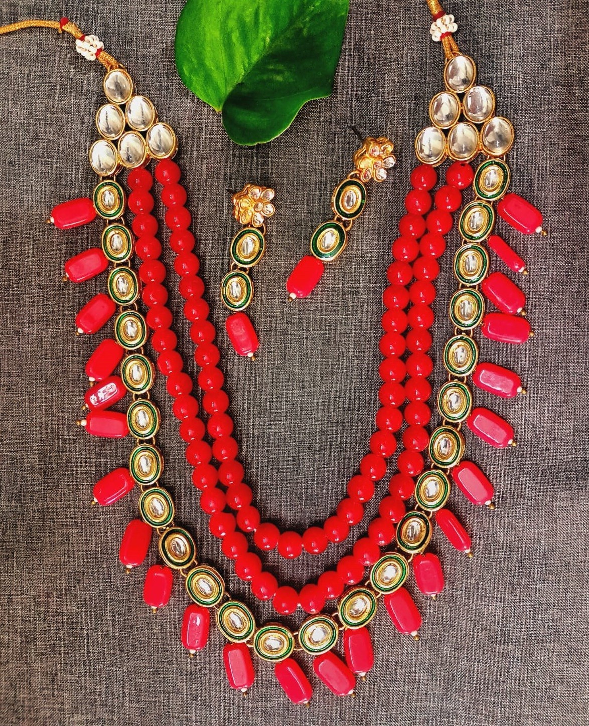 Jaywar Coral Orange Beaded Layered Necklace Set with Matching Earrings