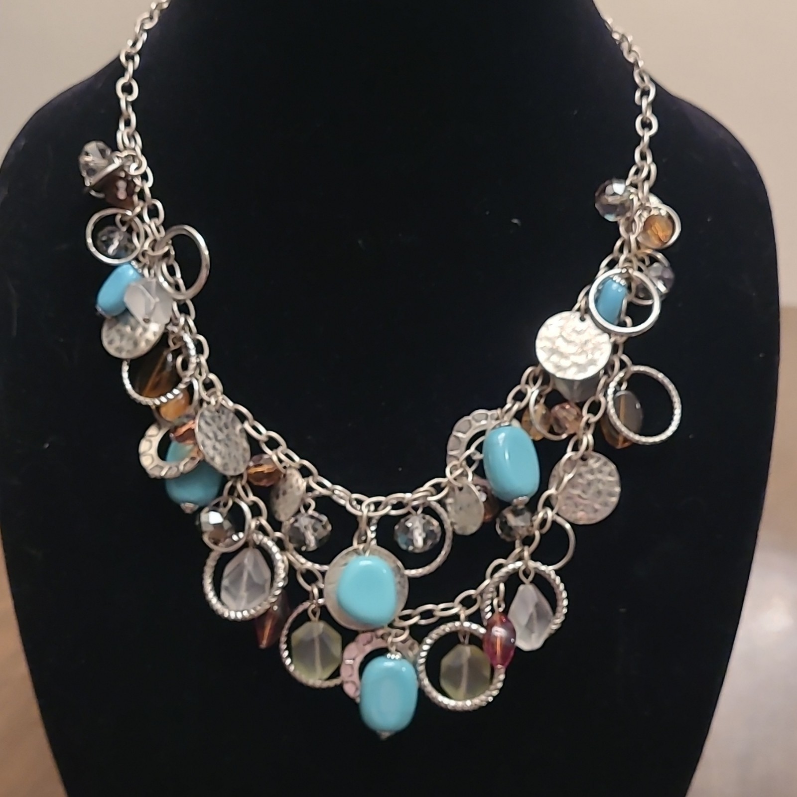 Premier Silver Tone Oval Link Chain Boho Blue Glass Stone Necklace Adj Signed