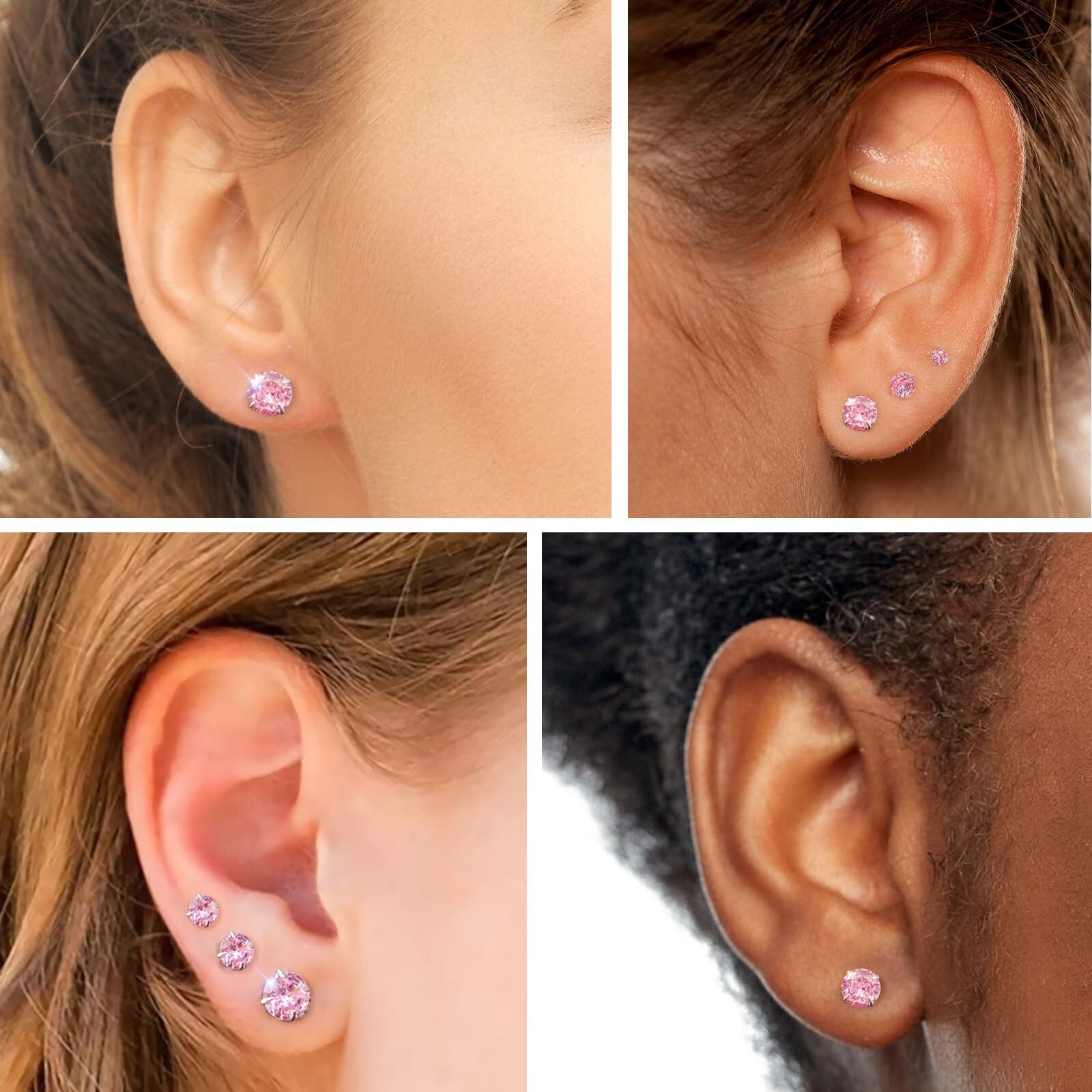 Solid 925 Sterling Silver Round Pink Cubic Zirconia CZ Stud Post Earrings 2-8mm