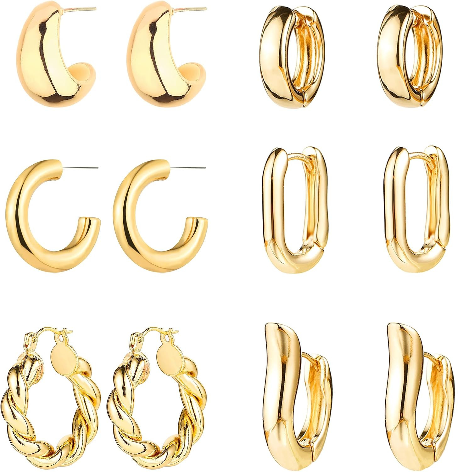 6 Pairs Gold Hoop Earrings for Women, 14K Gold Plated Huggie Hoop Earrings Set H