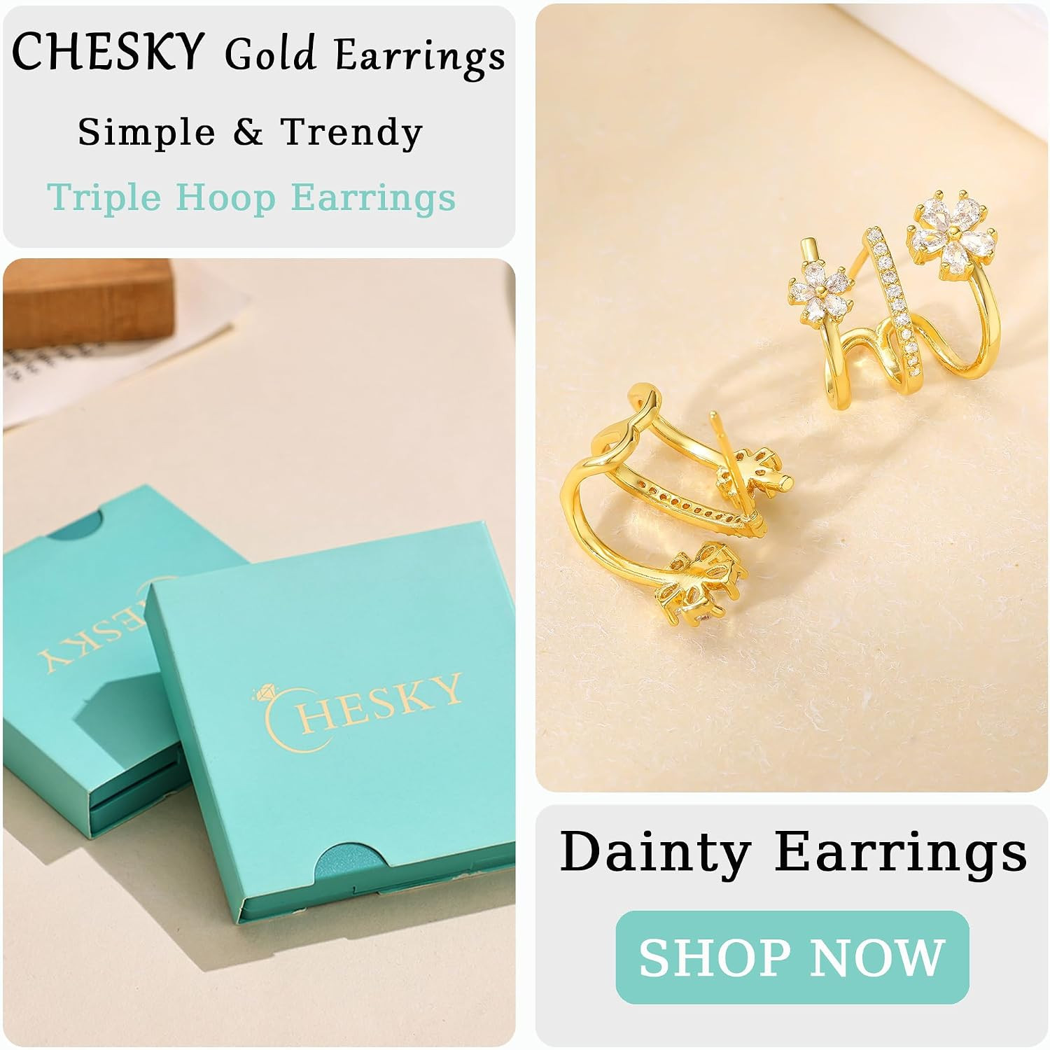 Triple Illusion Huggie Stud Earrings, 14K Gold Plated Trendy Flower Huggie Hoop