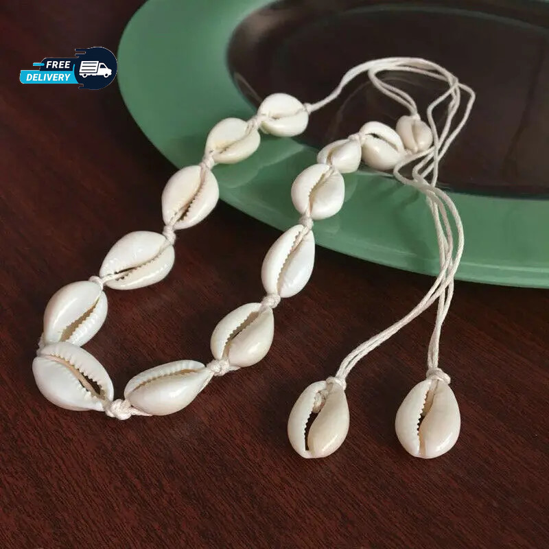 Cowrie Shell Choker Boho White String Necklace Surfer Beach Conch Puka, Hawaiian