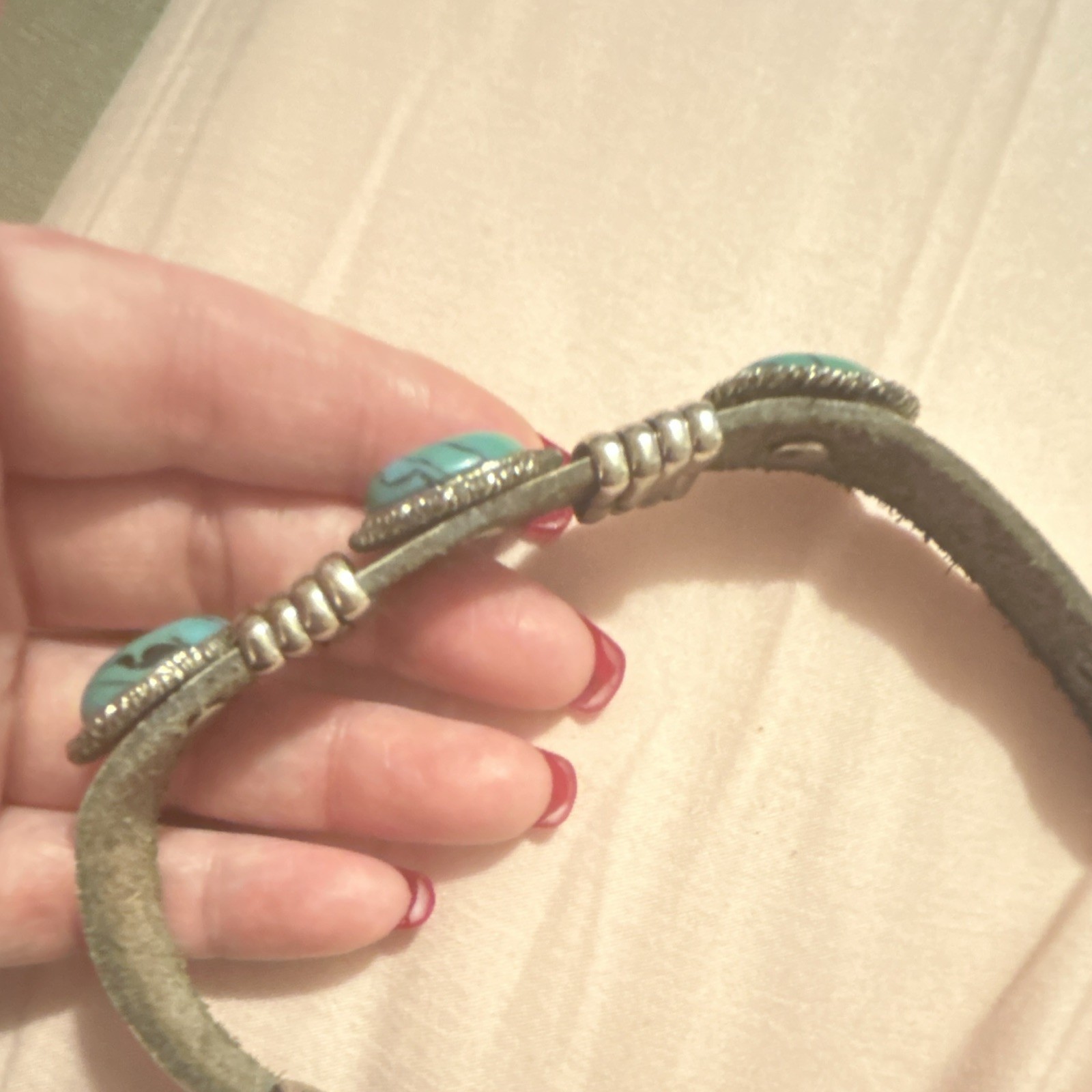 Turquoise 3 Oval Stone Leather Snap Cuff Bracelet, Silver Tone, Bohemian