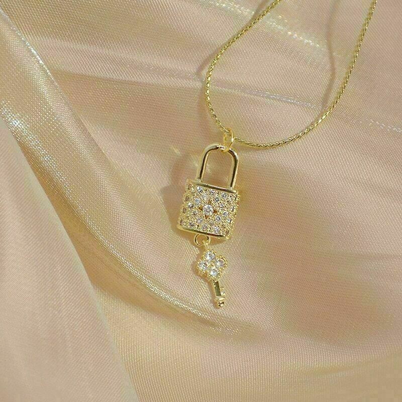 Round Cut Simulated Diamond Stunning Lock And Key Pendant 14K Yellow Gold Plated