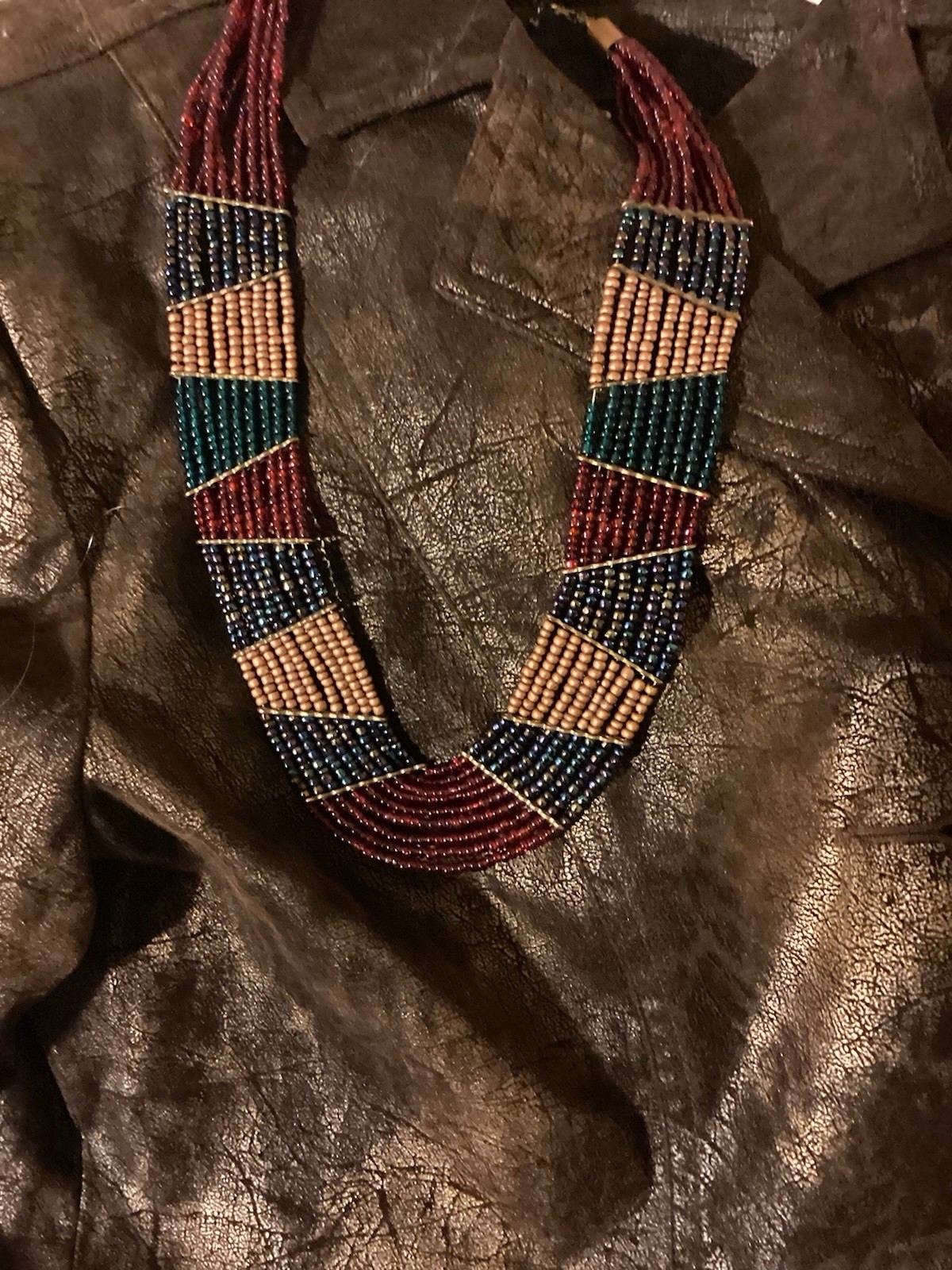 Versatile Statement Necklace Burgundy Gold Teal Iridescent Glass Bead Cleopatra