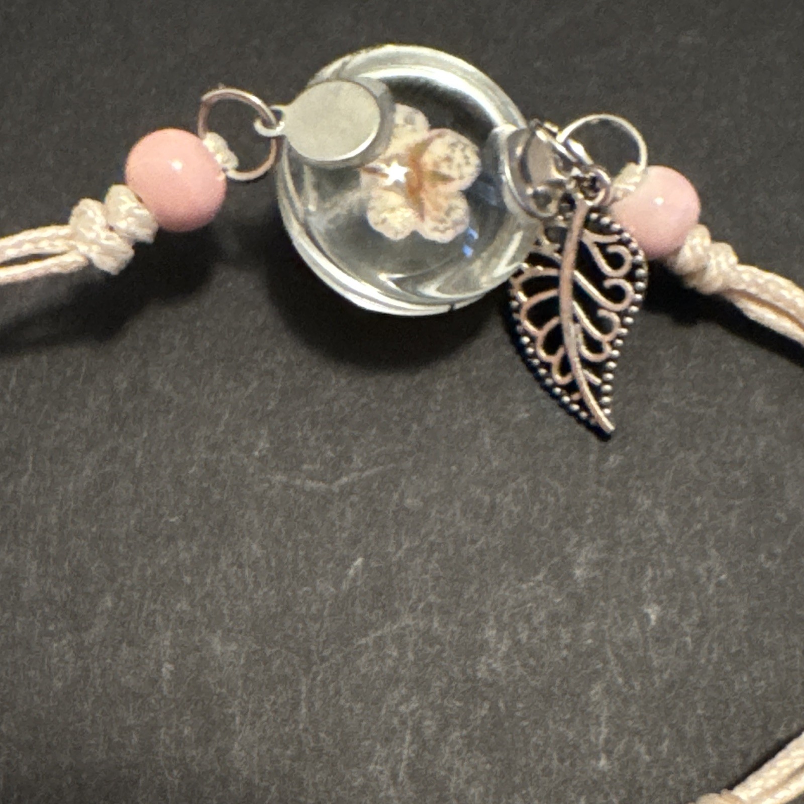 Adjustable Beige Cord Charm Bracelet w/ Pink Flower Resin Bead & Leaf Dangle