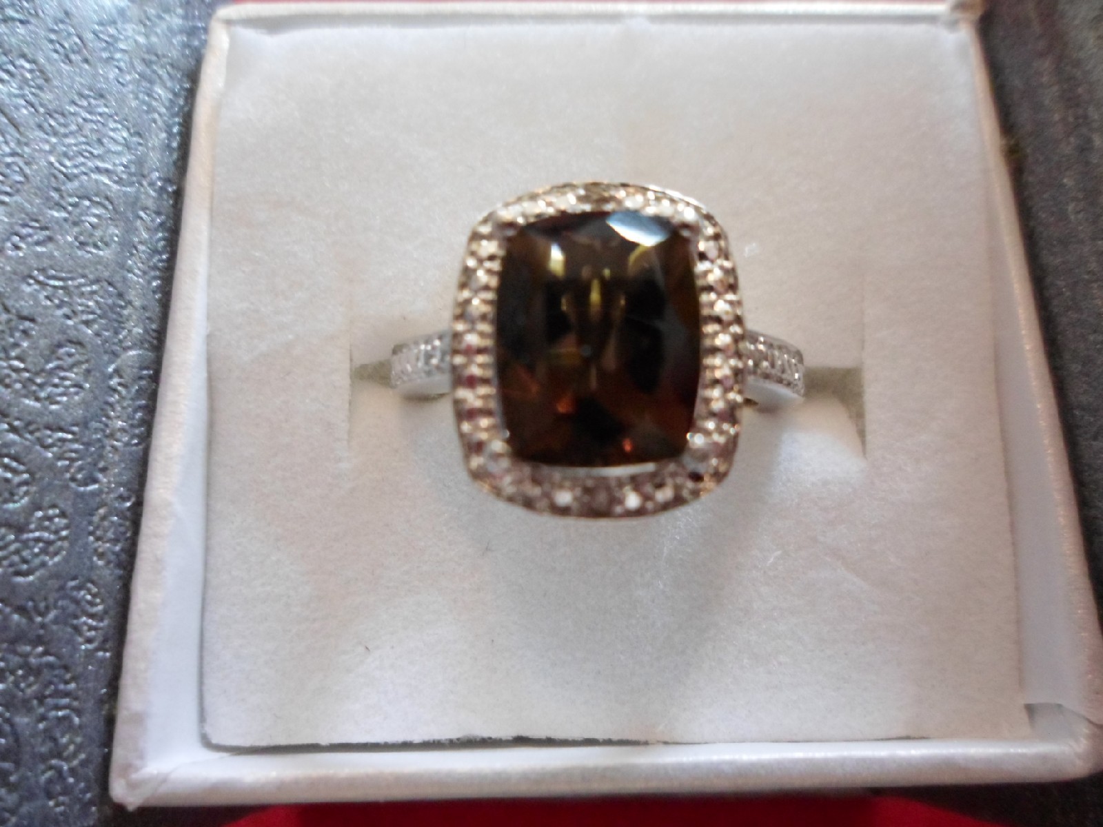 Brazilian Smoky Quartz Ring w/Diamond Accents in Platinum Overlay-Size 7-3.12CTW